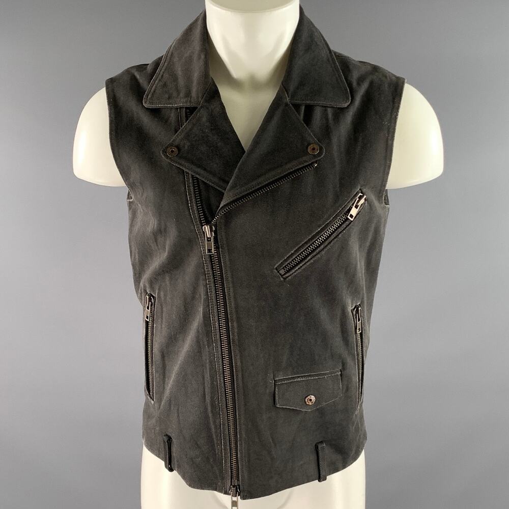 DIESEL Size L Grey Distressed Calf Leather Biker Vest